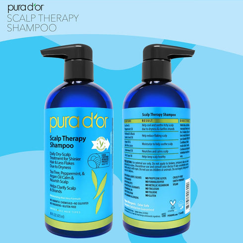 PURA D'OR Therapy Shampoo - 16oz Hydrating & Nourishing Scalp Care with Tea Tree & Argan Oil