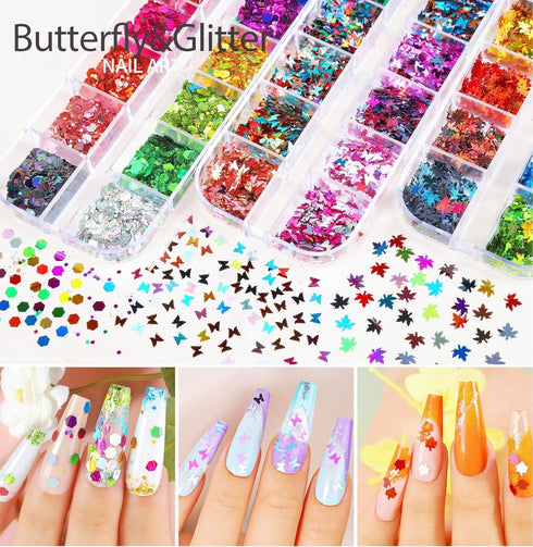 Teenitor 12 Sheets Self-Adhesive Nail Art Sticker, 5D Embossed Flower Nail Decals, 5 Boxes Glitter Sequins Flakes