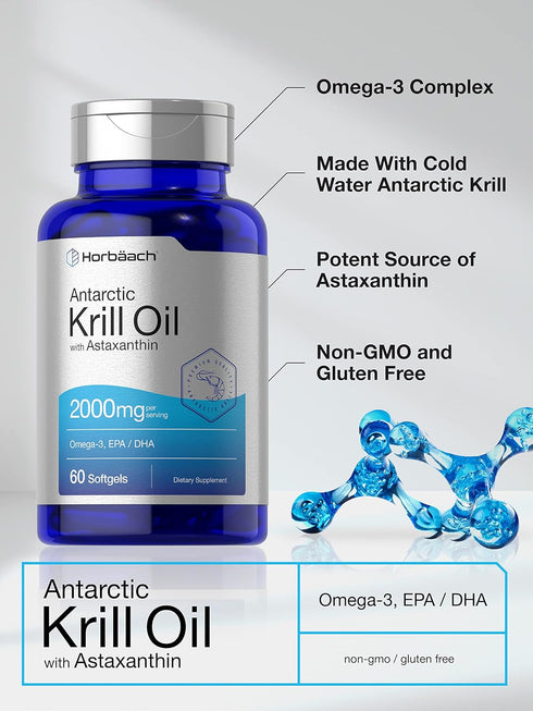 Horbaach Antarctic Krill Oil 2000mg, 60 Softgel Capsules | Omega-3, EPA, DHA Supplement with Astaxanthin