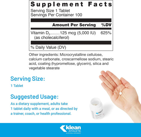 Klean ATHLETE Klean-D | 5000 IU Vitamin D3 for Immune Health, Muscle Recovery, Calcium Absorption | 100 Tablets