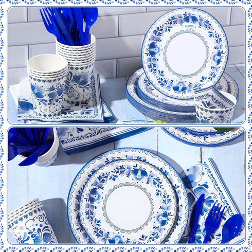 175 Pcs Blue White Floral Disposable Tableware Set for 25 Guests - Paper Plates, Napkins, Cups, Cutlery for Parties
