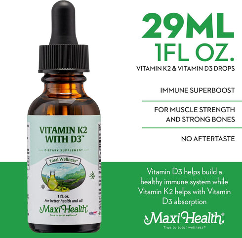 Maxi Health Liquid Vitamin D3 with K2 Drops, 1 fl oz Vitamin Supplement for Long-Term Health