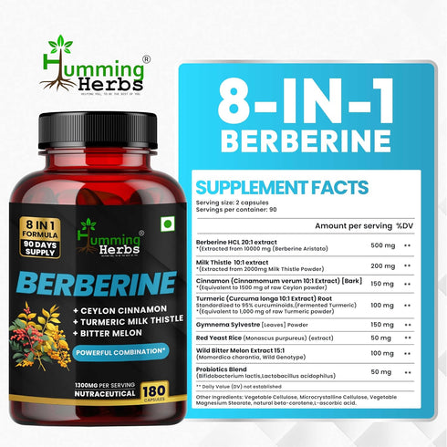 Humming 1300 8in1 180 Herbs Berberine Supplement Mg Formula with Ceylon Cinnamon, Milk Thistle, Curcumin, Bitter Melon