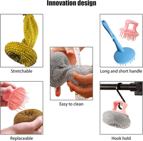 Non-Scratch Dishes Scrubber, Kitchen Steel Wool, Detachable Handle Cleaner Sponge, Easy Scouring Scrubbing Brush, 10 Pcs