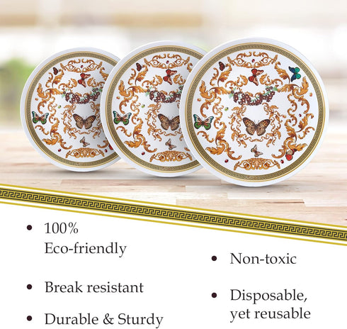 SILVER SPOONS 10 PC Heavy Duty Disposable Dinner Set, White and Gold Plastic Plates for Party, 9" Fine China Look