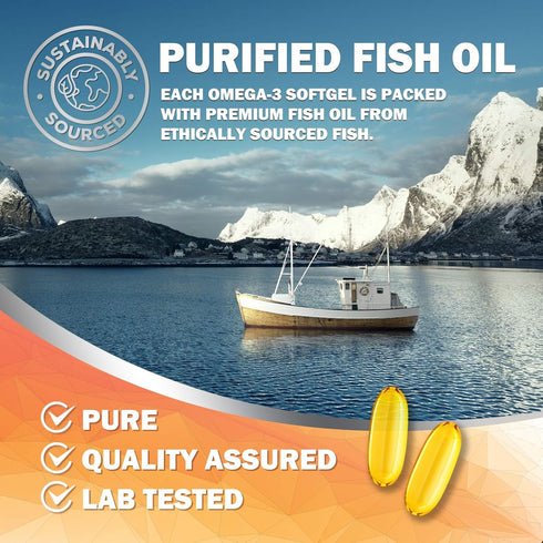 Omega 3 Fish Oil - 2400 mg, Triple Strength Omega3, EPA & DHA Fatty Acids, Natural Support for Immune, Heart & Brain