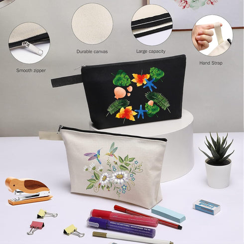 10 Pieces Cotton Canvas Makeup Bag - Multi-Purpose Cosmetic Bag with Zipper, Travel Toiletry Pouch (S, Black)