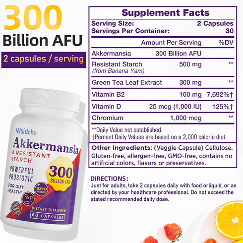 300 Billion AFU Akkermansia Probiotic, GLP-1 Probiotic for Women & Men, Enhances Gut Digestive Lining Function, 60 Caps