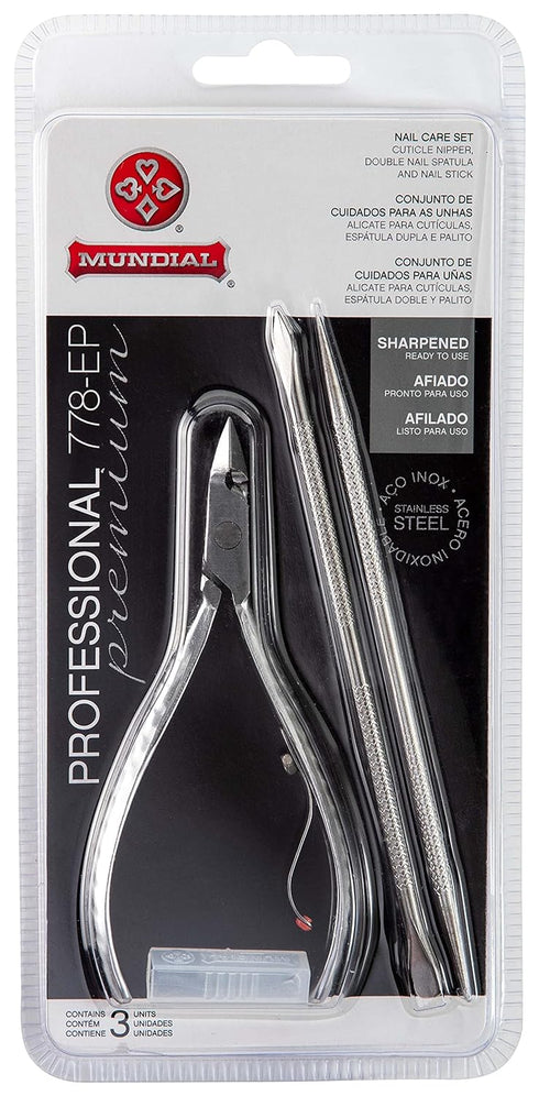 Mundial 3 Piece Nail Care Set - Professional Stainless Steel Cuticle Nippers, Double Nail Spatula, Pusher