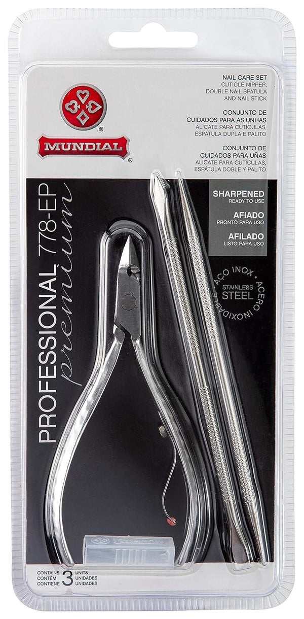 Mundial 3 Piece Nail Care Set - Professional Stainless Steel Cuticle Nippers, Double Nail Spatula, Pusher