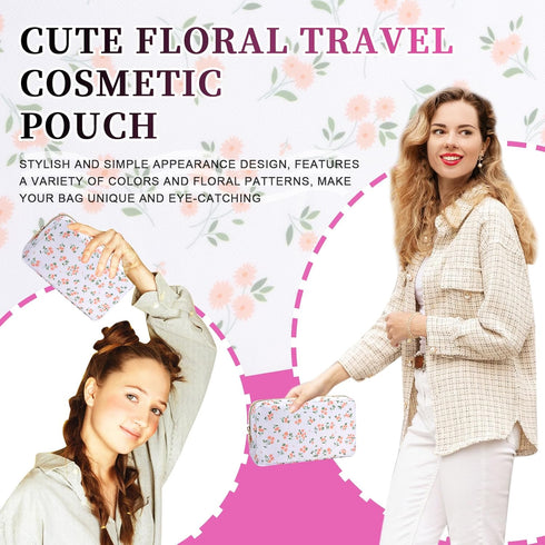 Iqimott Floral Nylon Small Makeup Bag: Cute Preppy Zipper Pouch, Waterproof Travel Toiletry Bag for Women (Pink Flower)
