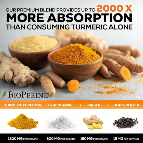 Turmeric Curcumin Supplement 2000mg with Glucosamine Chondroitin & Ginger, 240 Capsules for Joint Support