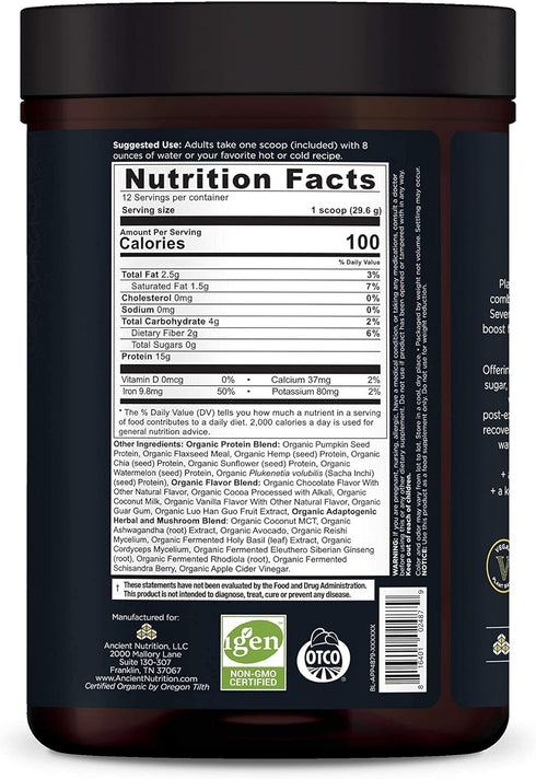 Ancient Nutrition Plant Protein+ Powder, Organic Vegan Superfoods Supplement, Chocolate, 15g Protein, Gluten Free, 12