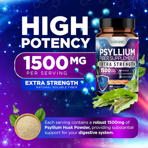 Psyllium Husk Capsules 1500mg - Fiber Supplement - Natural Soluble Fiber Pills with Psyllium Husk Powder - Supports Digestive Gut and Colon Health - Non-GMO, Gluten-Free, Vegan - 60 Capsules