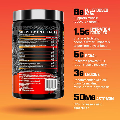 Nutrex Research EAA Hydration Powder, EAAs + BCAAs for Muscle Recovery, Strength, Endurance, Blood Orange Flavor