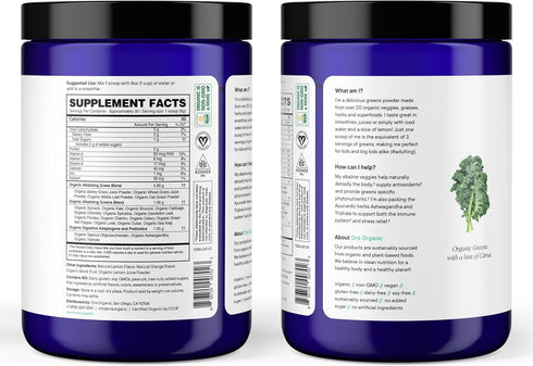 Ora Organic Greens Powder - Vegan, Gluten-Free Super Greens Drink for Energy and Detox, 20+ Superfood Greens Blend