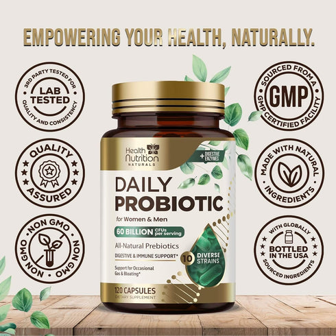 Daily Probiotics and Prebiotics, 60 Billion CFU, 120 Capsules, 10 Diverse Strains for Digestion, Vaginal & Immune Health