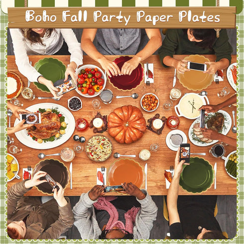 Tiangrid 48 9 Inch 6 Pcs Green and Brown Paper Plates Gradient Woodland Scalloped Paper Plates Disposable Dinner
