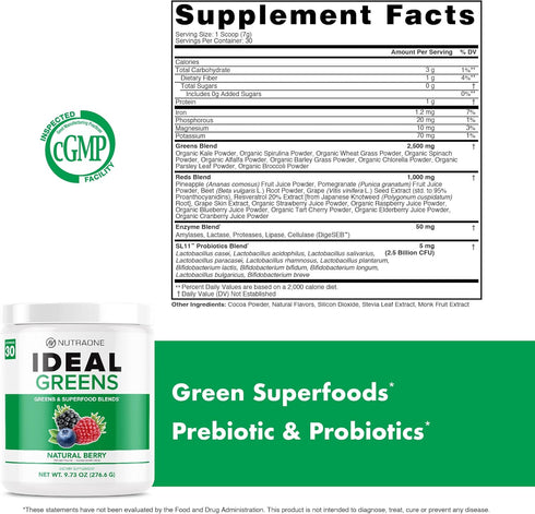 NutraOne Ideal Greens Antioxidant Superfood Greens Powder Supplement, Natural Berry Flavor, 30 Servings