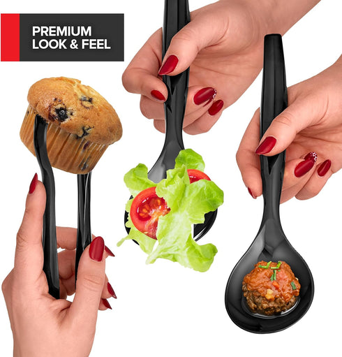 18 Count Disposable Serving Utensils, Black Plastic Set for Catering Weddings, Holiday Parties, Buffet, Party Utensils