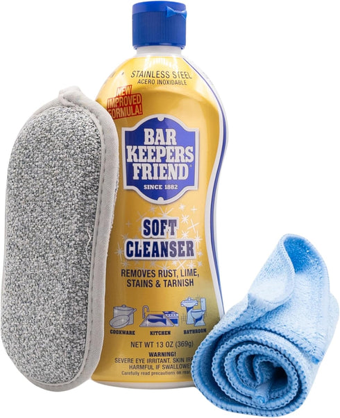Bundle - Bar Keepers Friend 13oz Cleanser & Polish with Microfiber Towel & Scouring Pad for Kitchen, Bathroom