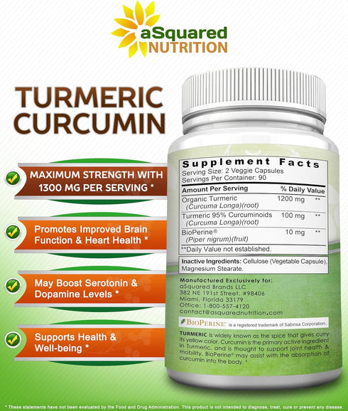 aSquared Nutrition Turmeric Curcumin 1300mg with BioPerine Black Pepper Extract - 180 Capsules, 95% Curcuminoids