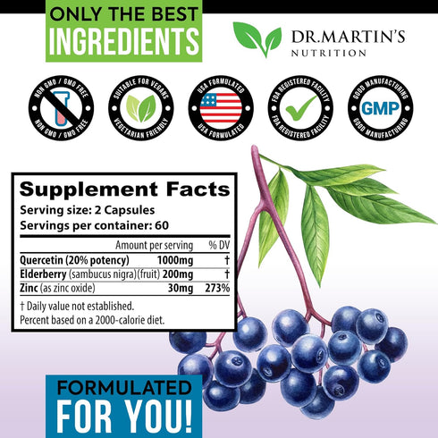 Extra Strength Quercetin with Zinc & Elderberry 1230mg - Supports Immune & Cardiovascular Health