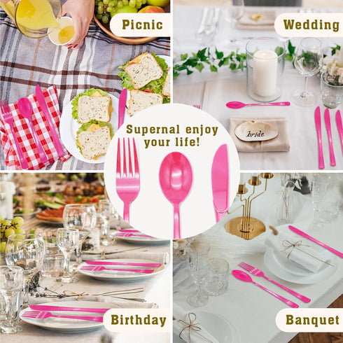 150 Pack Hot Pink Silverware, Hot Pink Plastic Cutlery, 50 Forks, 50 Knives, 50 Spoons for Birthday Bachelorette Wedding