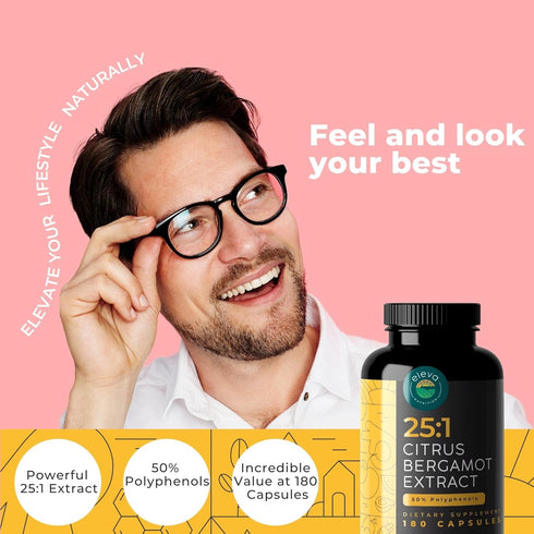 Citrus Bergamot Extract 1000mg Capsules - 180 Capsules, 25:1 Citrus Bergamot, 50% Polyphenols, Vegan, Non-GMO, Black