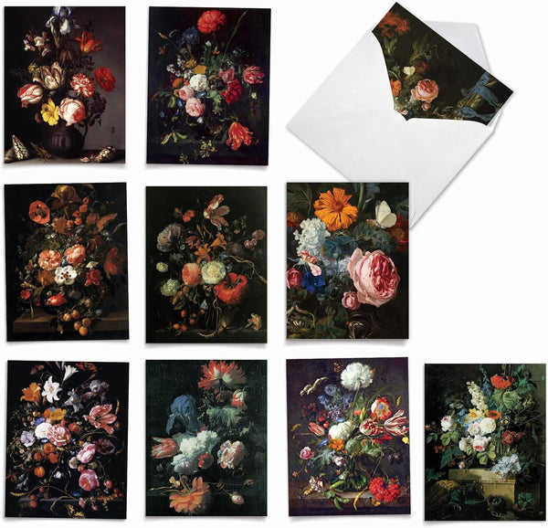 The Best Card Company - 10 Boxed Note Cards with Flowers, Blank Assorted Floral Notecards Bulk, Baroque Blooms M10020BK