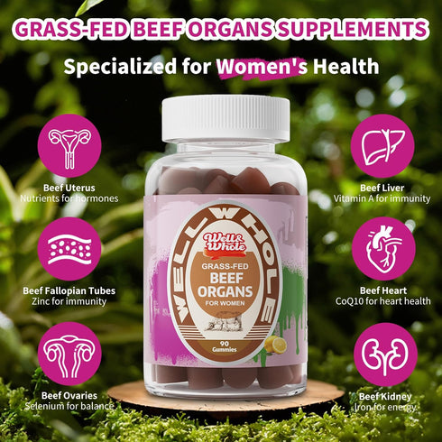 Gummies 90 Gummies Well&Whole Grass-Fed Beef Organ for Women - Liver, Kidney, Heart, Ovary & Uterus - Hormone Balance