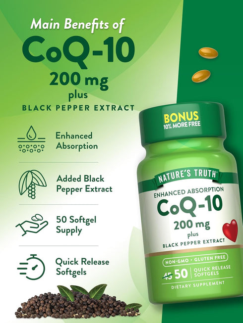 Nature's Truth CoQ10 200mg Softgels, 50 Count, Enhanced Absorption Supplement with Black Pepper Extract