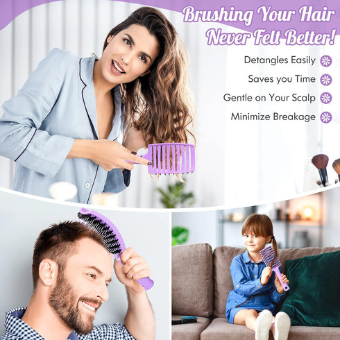 URTHEONE Hair Brush, Detangling Boar Bristle Curved Vented Hair Brush for Women Men Kids, 2 Pack, Pink & Purple
