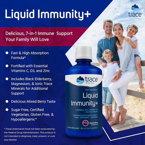 Trace Minerals | Liquid Immunity+ with Elderberry, Zinc, Vitamins C & D, Ionic Fast Absorbing, Sugar Free Immune Support, Gluten Free, Vegetarian Certified | Mixed Berry | 30 oz