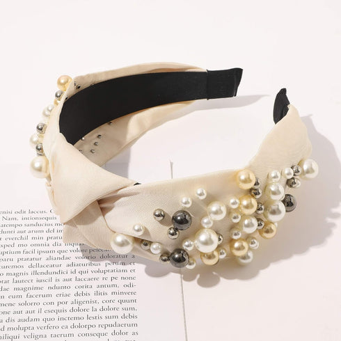 Ivyu Knotted Pearl Headbands for Women - Fashion Hair Accessories, No Slip Top Knot Headband Gift (White Gray Beige)