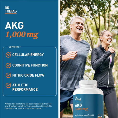 Dr. Tobias AKG Supplement 1000mg, Bioavailable Alpha Ketoglutaric Acid, 180 Capsules, Vegan, Gluten-Free