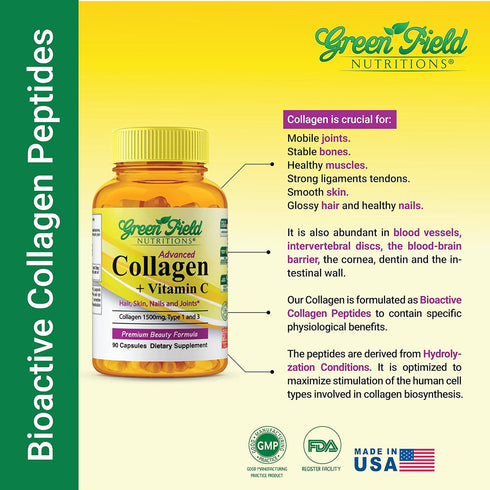 Greenfield Nutritions Halal Collagen Peptides - 1500 mg Type I & III with 300 mg Vitamin C for Hair, Skin, Nails &
