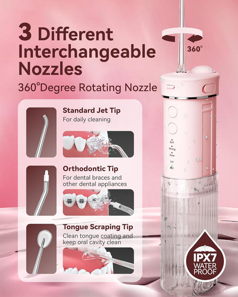 Travel Water Flosser, Portable Water Flosser, Mini Oral Irrigator, Telescopic Water Tank with 5 Nozzles, IPX7