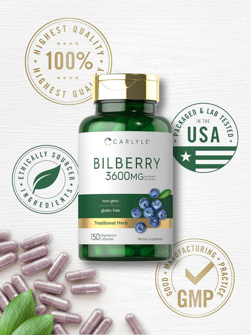 Carlyle Bilberry Extract Capsules, 3600mg, 150 Count, Vegetarian, Non-GMO, Gluten Free Fruit Supplement