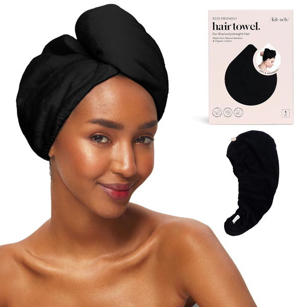 Kitsch Microfiber Hair Towel Wrap - Super Absorbent Quick Dry Towel for Long & Short Curly Hair - Black