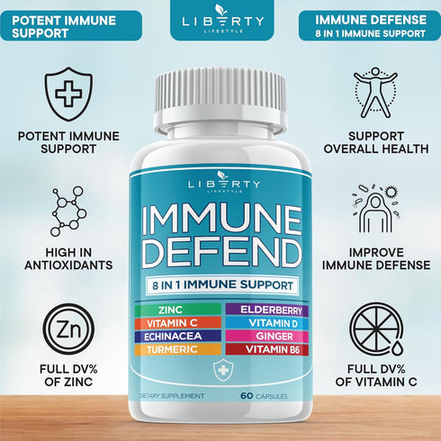 8 in 1 Immune Defense Support - Immunity Vitamins Supplement with Zinc, Vitamin C, Elderberry, and Turmeric