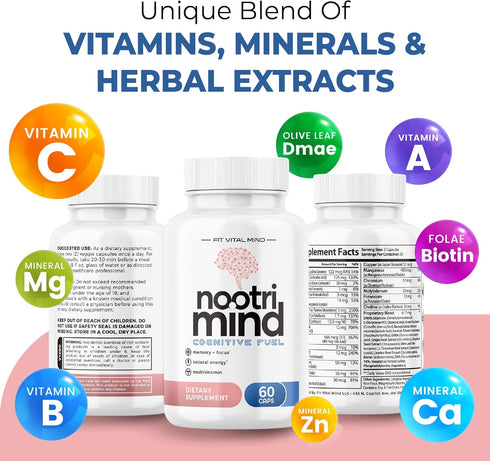 Brain Supplements for Memory and Focus, Nootropic Support with Bacopa, Vitamins B6 B12, Phosphatidylserine, DMAE, 60