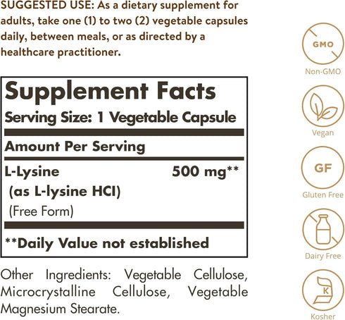 Solgar L-Lysine 500 mg, 250 Vegetable Capsules - Enhanced Absorption & Assimilation - Promotes Integrity of Skin & Lips - Collagen Support - Amino Acids - Non-GMO, Vegan, Gluten Free - 250 Servings