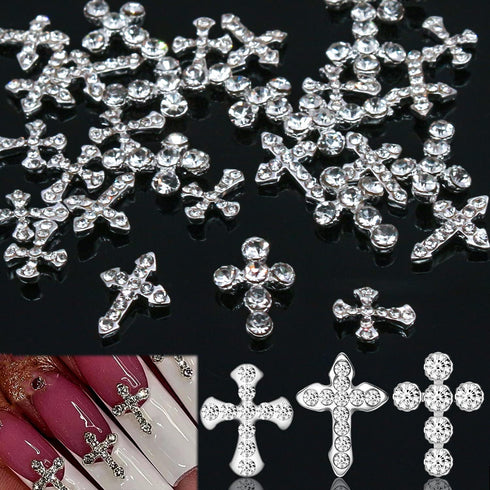 SILPECWEE 30pcs 3 Style Cross Nail Charms - 3D Silver Nail Jewels for Nail Art Decoration