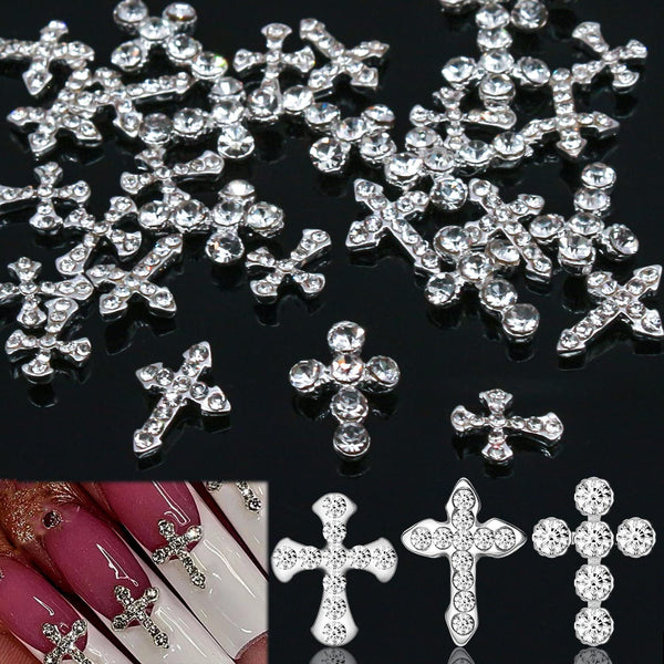 SILPECWEE 30pcs 3 Style Cross Nail Charms - 3D Silver Nail Jewels for Nail Art Decoration