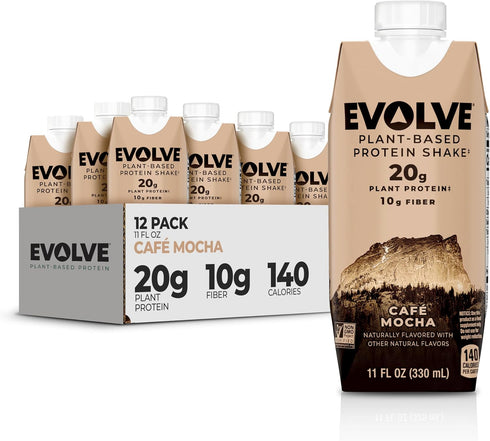 Evolve Plant Based Protein Shake - Café Mocha Flavor with 20g Vegan Protein, Dairy Free, 11oz, 12 Pack