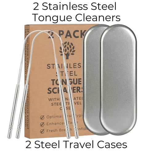 Gaia Guy Stainless Steel Tongue Scraper with Metal Case, 2 Pack Plastic Free Oral Care Tongue Cleaners