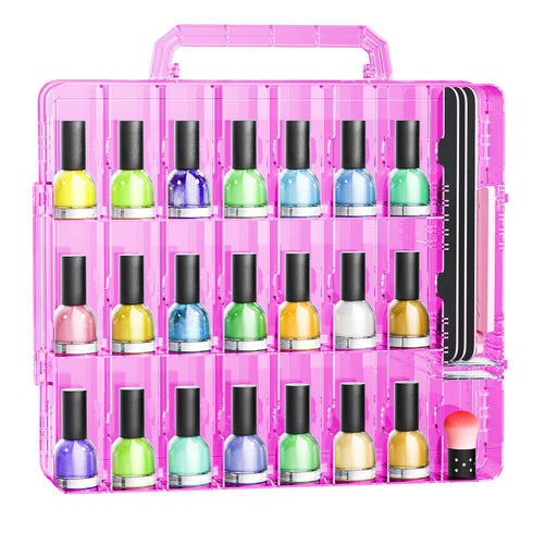 JIASHENG Nail Polish Organizer Case for 48 Bottles, Adjustable Storage Holder for Acrylic Nail Gel Tips Set, Pink
