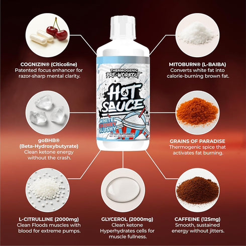 Pump Sauce 32 Oz Hot Sauce Thermogenic Pre-Workout, White Cherry Flavor, Liquid Energy Supplement with Caffeine