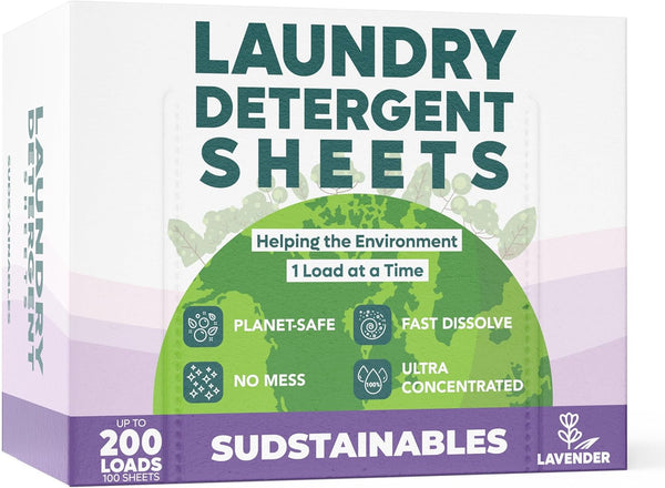 Eco Friendly Laundry Detergent Sheets, 200 Loads, Plastic Free, Lavender